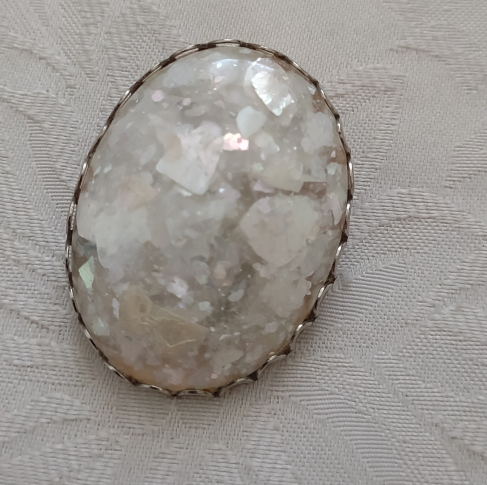 Elegant Oval Confetti Iridescent Silvertone Brooch